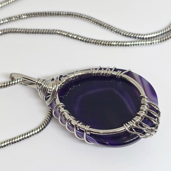 Tree of Life Silver Wrap Teardrop Purple Amethyst Teadrop Agate Pendant Necklace - Picture 8 of 12